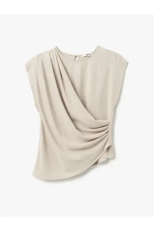 Drape Detailed Bicycle Collar Asymmetric Crossover Blouse - 3