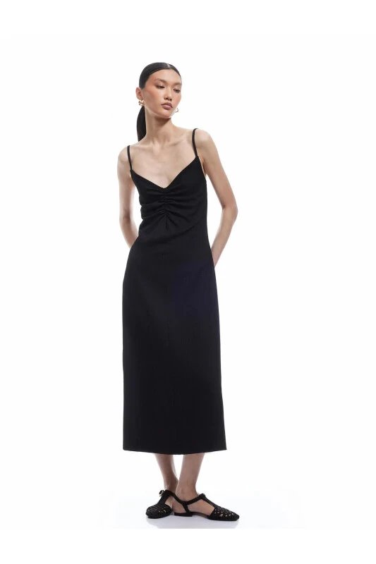 Drape Detailed Crinkle Fabric Thin Strap Midi Dress - 1