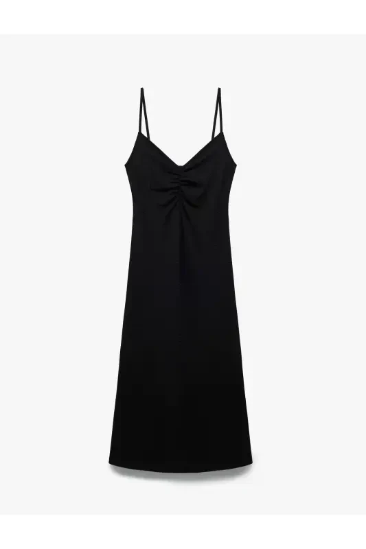 Drape Detailed Crinkle Fabric Thin Strap Midi Dress - 3