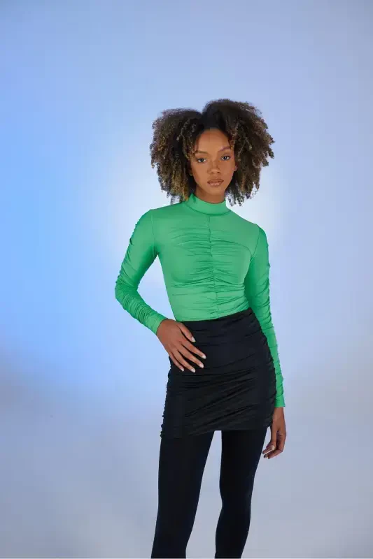 Drape Detailed Funnel Neck Draped Blouse Green-Green - 1