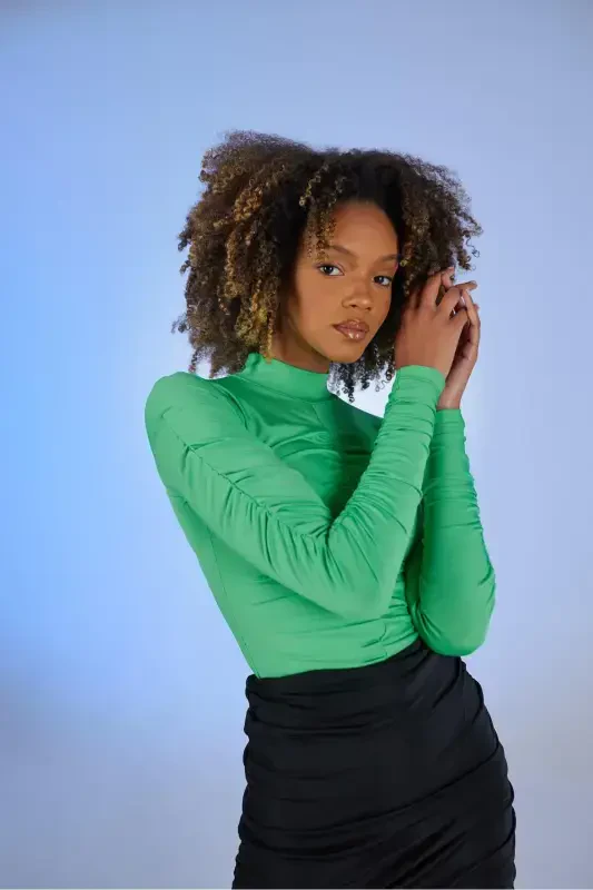 Drape Detailed Funnel Neck Draped Blouse Green-Green - 2