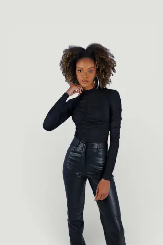 Drape Detailed Half Fisherman Draped Blouse Black - 3