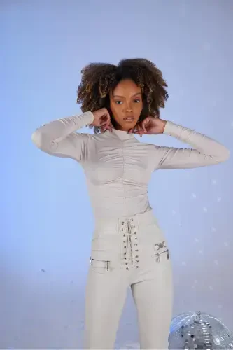 Drape Detailed Half Turtleneck Draped Blouse Ecru-Ecru - 4