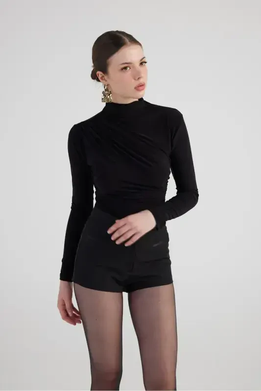 Drape Detailed Turtleneck Fables Blouse Black-Black - 1