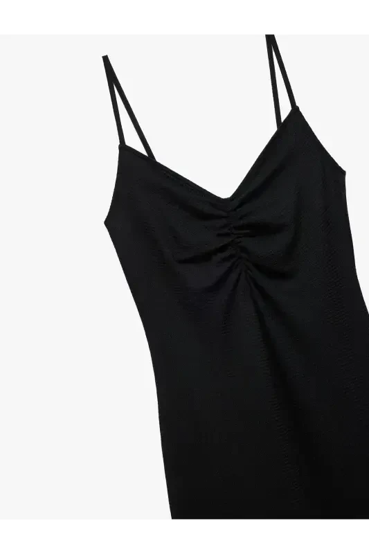 Drape detalli burmali matodan yasalgan ingichka kamzulli midi koʻylak - 5