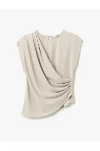 Drape detalli velosiped yoqali assimetrik kruvaze bluz - 3