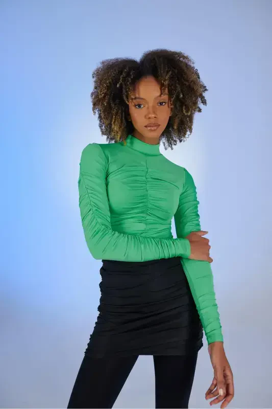 Drape Detalli Yarim Balıkçı Draped Bluz Yashil-Yashil - 4