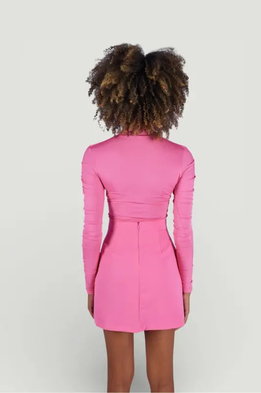 Drape Detaylı Yarim Baliqchi Drape Bluzka Pushti - 5