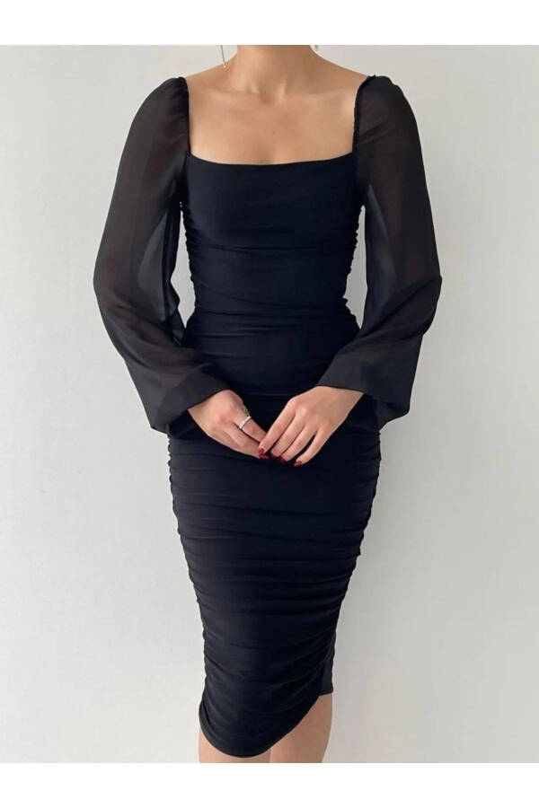 Drape Sandi Qora Ko'ylak, Shifon Yengli - 8
