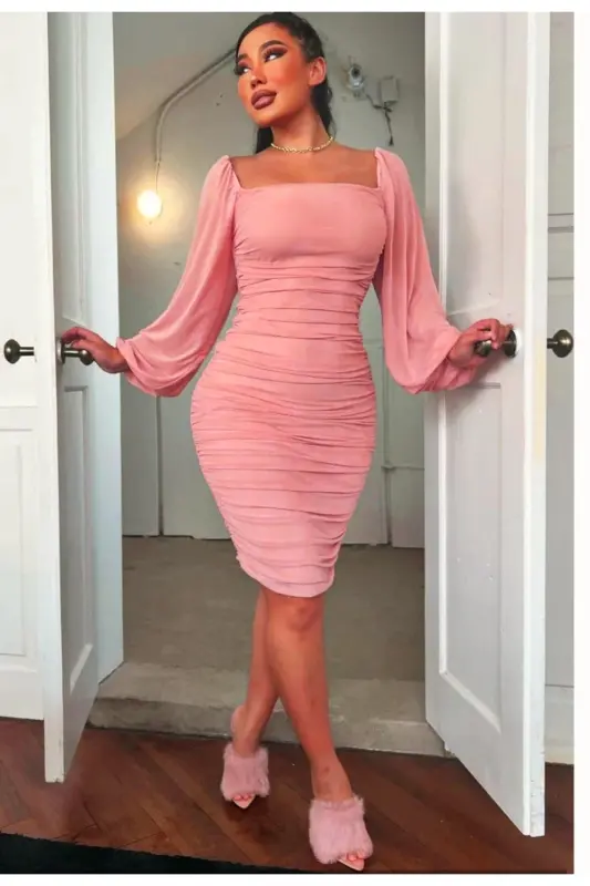 Drape Sandy Kare Yaka Gül Kurusu Elbise, Şifon Kollu - PEMBE - 1