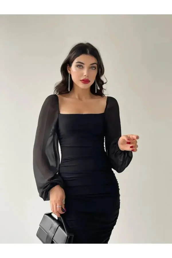 Drafe Sandy Kare Yaka Siyah Elbise, Kolu Şifon - 1