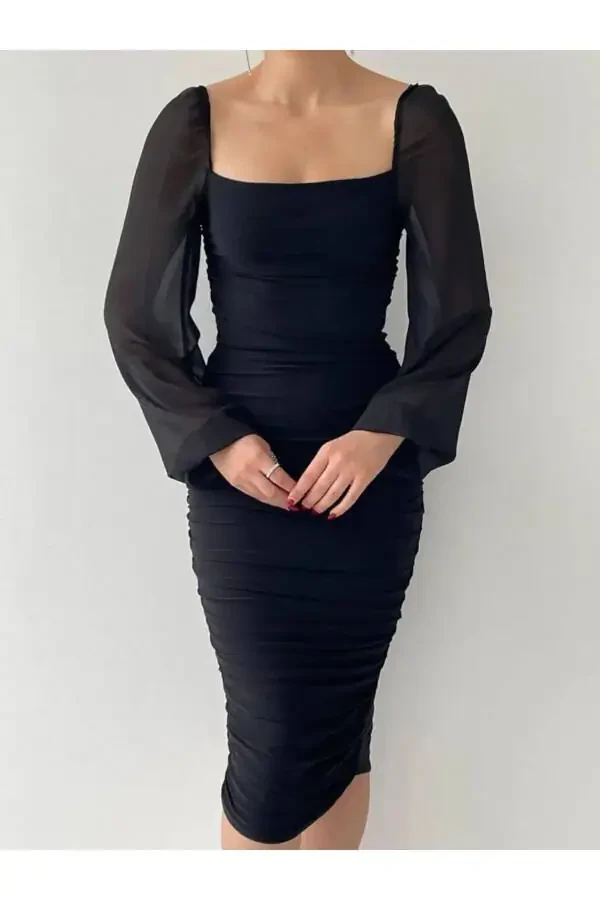 Drafe Sandy Kare Yaka Siyah Elbise, Kolu Şifon - 3