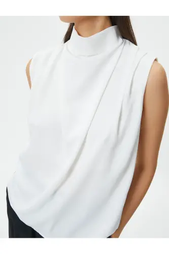 Drape Yoqali Bluz Yengsiz-Ekru - 5