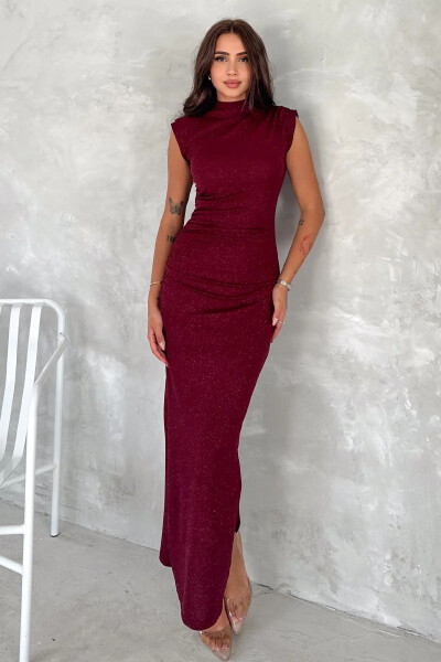 Draped Midi Dress with Glitter Detail - Burgundy - 1