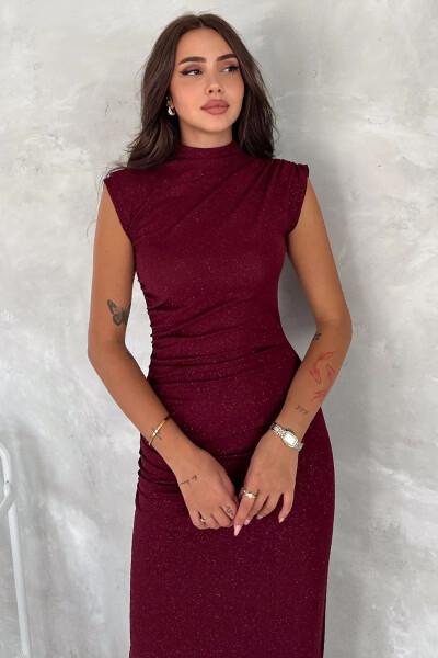 Draped Midi Dress with Glitter Detail - Burgundy - 2