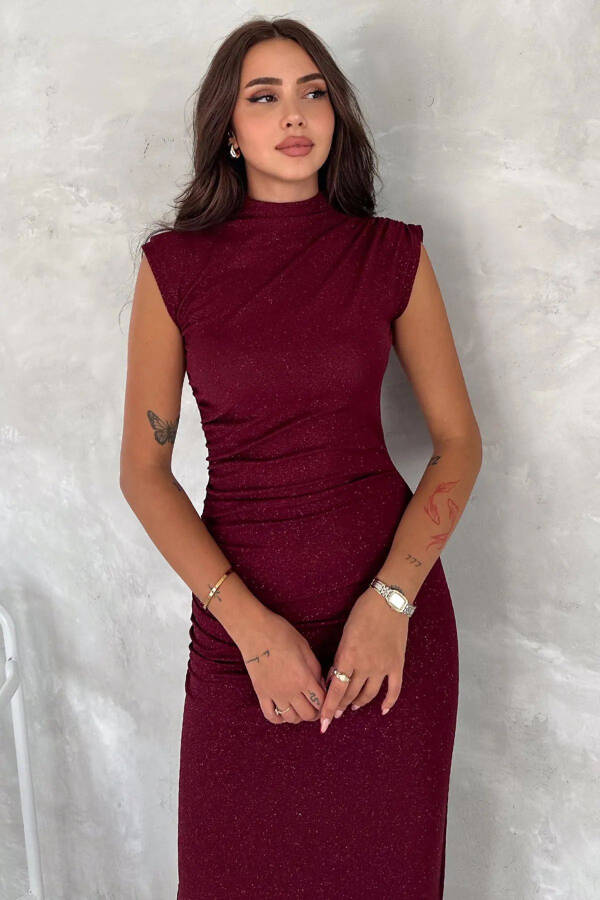 Draped Midi Dress with Glitter Detail - Burgundy - 2