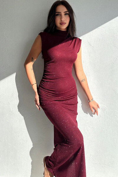 Draped Midi Dress with Glitter Detail - Burgundy - 4
