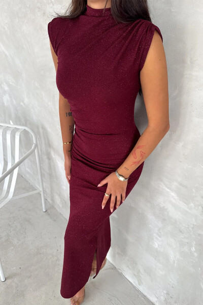 Draped Midi Dress with Glitter Detail - Burgundy - 6