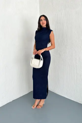 Draped Midi Sequin Dress-Navy Blue 