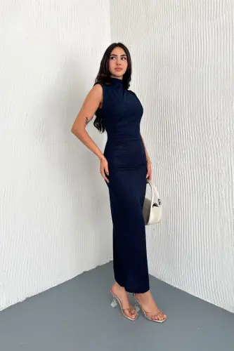 Draped Midi Sequin Dress-Navy Blue - 6