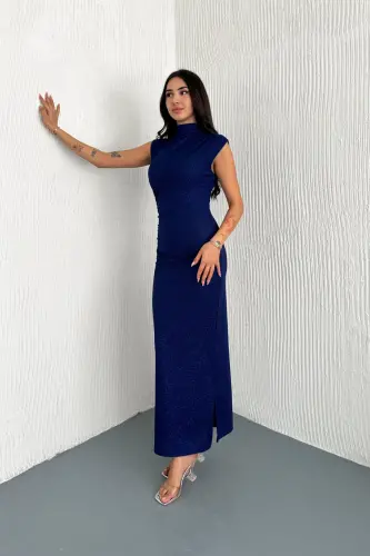 Draped Midi Sequin Dress-Navy Blue - 8