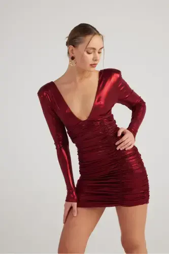 Draped Mini Karly Dress Burgundy in Shiny Fabric - 1