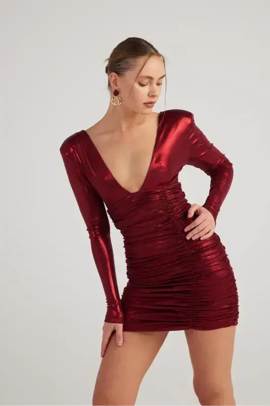 Draped Mini Karly Dress Burgundy in Shiny Fabric - 1