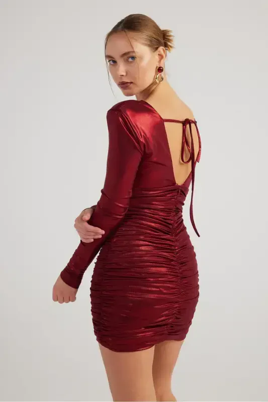 Draped Mini Karly Dress Burgundy in Shiny Fabric - 2
