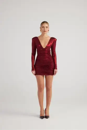 Draped Mini Karly Dress Burgundy in Shiny Fabric - 4