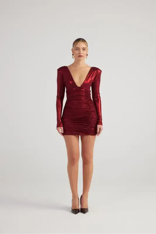 Draped Mini Karly Dress Burgundy in Shiny Fabric - 4