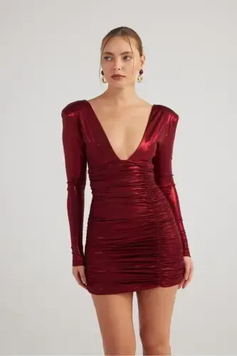 Draped Mini Karly Dress Burgundy in Shiny Fabric - 5