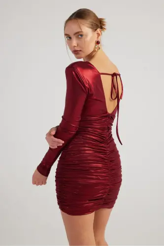 Draped Mini Karly Dress Burgundy in Shiny Fabric - 3