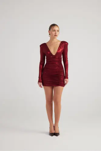 Draped Mini Karly Dress Burgundy in Shiny Fabric - 7