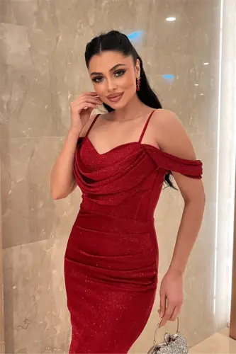 Draped Neck Evening Dress with Glittery Fabric - RED - BÜYÜKBEDENIZ (1)