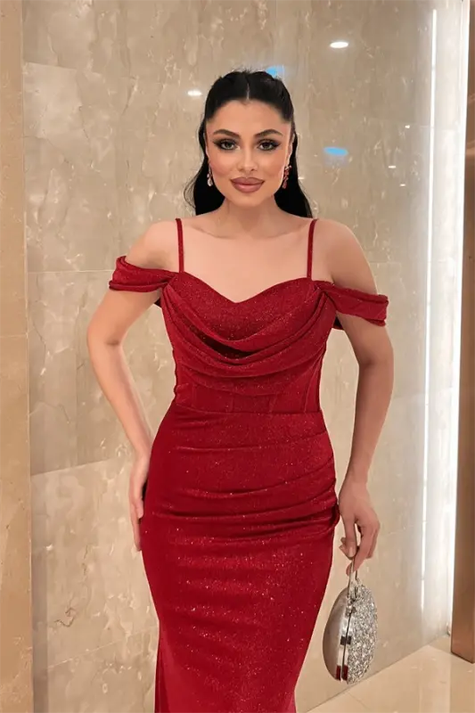 Draped Neck Evening Dress with Glittery Fabric - RED - 4