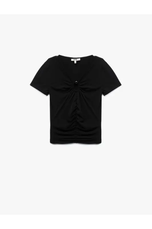 Draped Short Sleeve Accessory Detailed V-Neck T-Shirt - 3