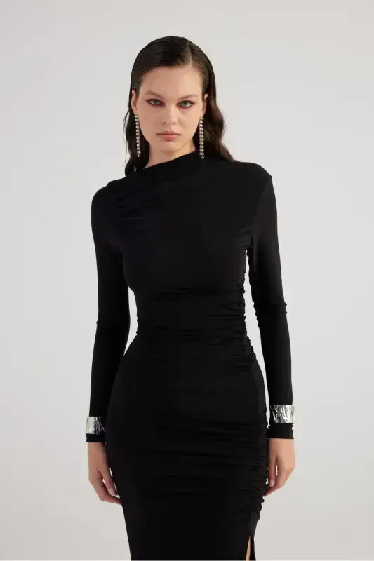 Draped Slit Long Yasmiin Dress Black-Black - HOLLY LOLLY