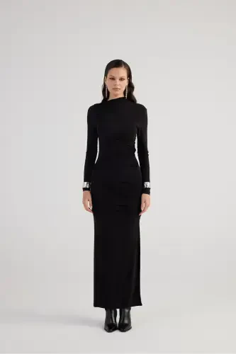 Draped Slit Long Yasmiin Dress Black-Black - HOLLY LOLLY (1)