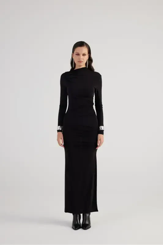 Draped Slit Long Yasmiin Dress Black-Black - 2