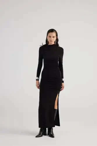 Draped Slit Long Yasmiin Dress Black-Black - 5