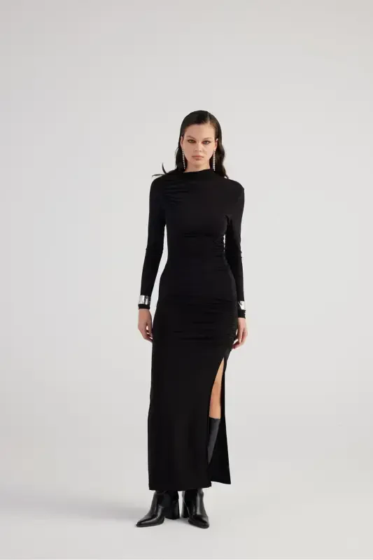 Draped Slit Long Yasmiin Dress Black-Black - 5