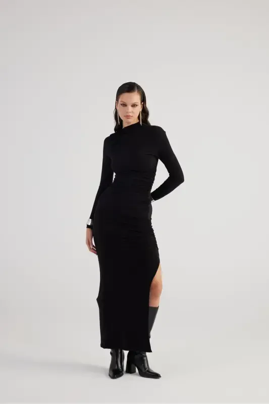 Draped Slit Long Yasmiin Dress Black-Black - 6