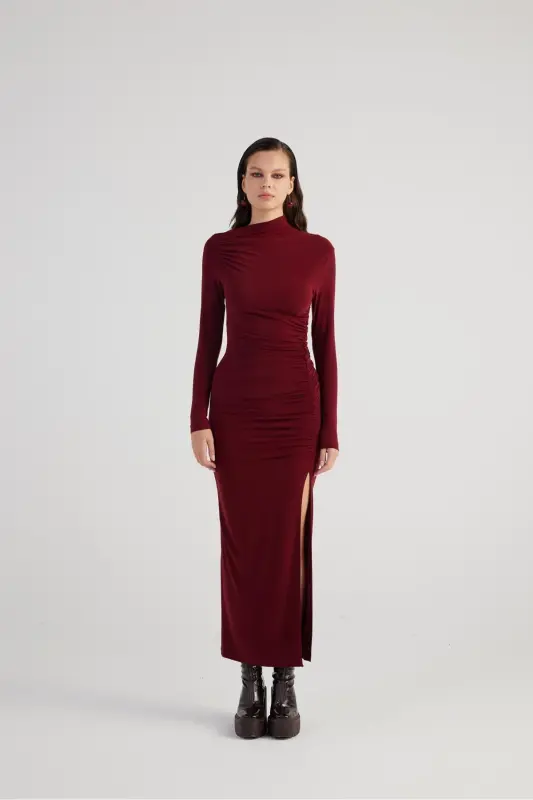 Draped Slit Long Yasmiin Dress Burgundy - 1