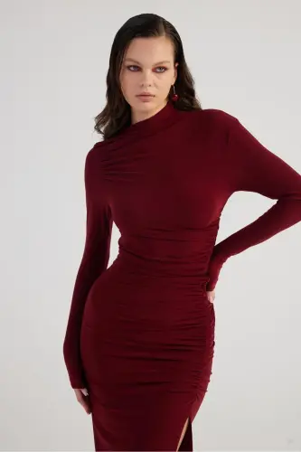 Draped Slit Long Yasmiin Dress Burgundy - 2