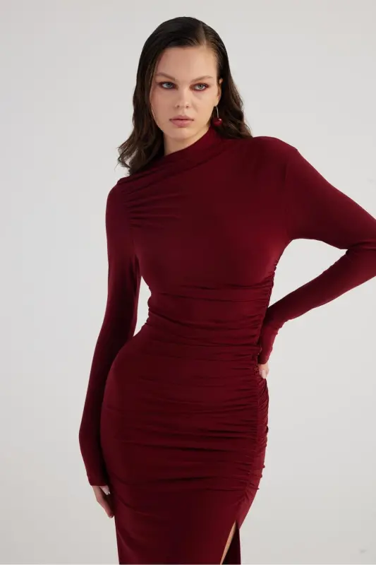 Draped Slit Long Yasmiin Dress Burgundy - 2