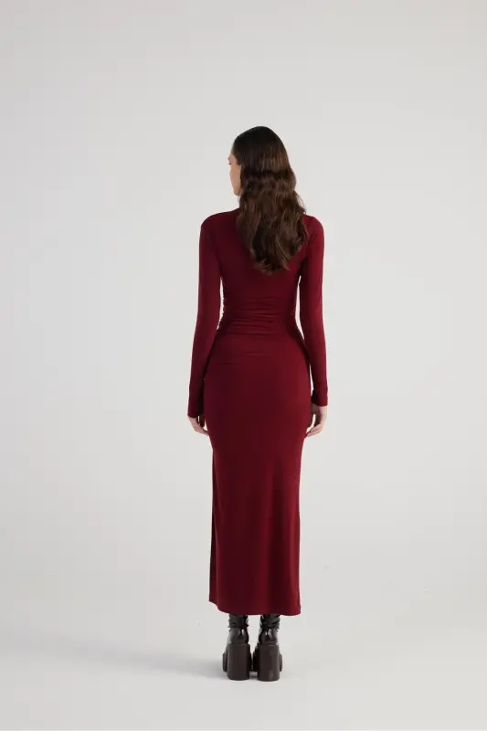 Draped Slit Long Yasmiin Dress Burgundy - 4