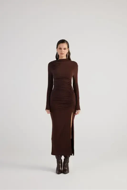 Draped Slit Long Yasmiin Dress Coffee - 1