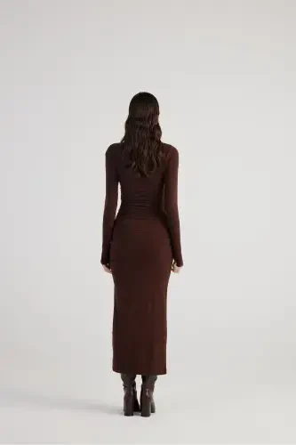 Draped Slit Long Yasmiin Dress Coffee - 4