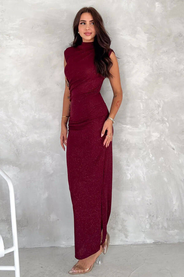 Drapeli Midi Boy Sim Detaylı Elbise-Bordo - 3