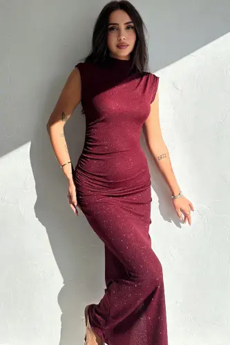 Drapeli midi boʻyli sim detalikli koʻylak-Bordo - 4